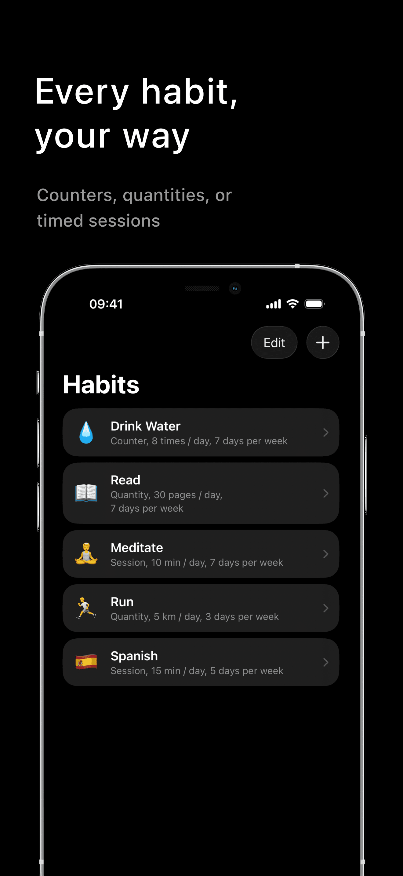 Habit list with counters, quantities, and timed sessions in Deylik